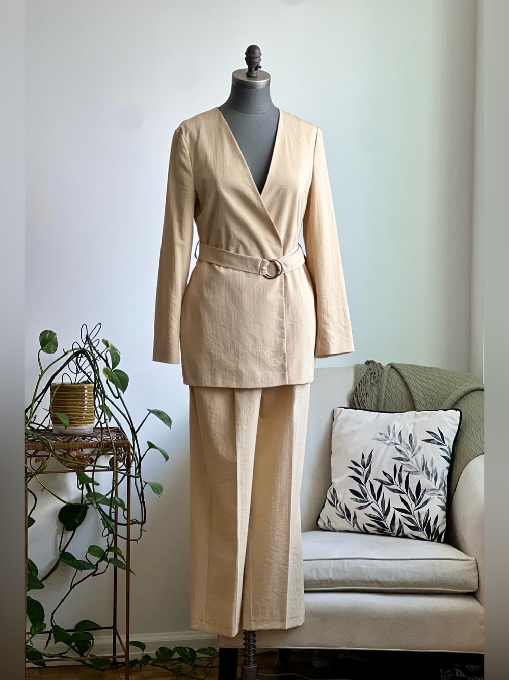 Beige Belted Wrap Blazer & Wide Leg Suit - Size 6 Blazer and Size 8 Trousers
